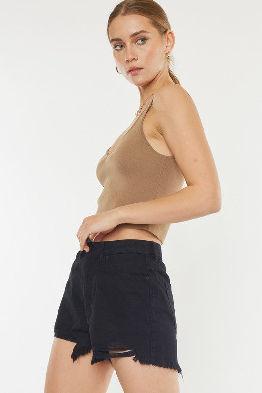 Black High Rise Sharkbite Mom Shorts