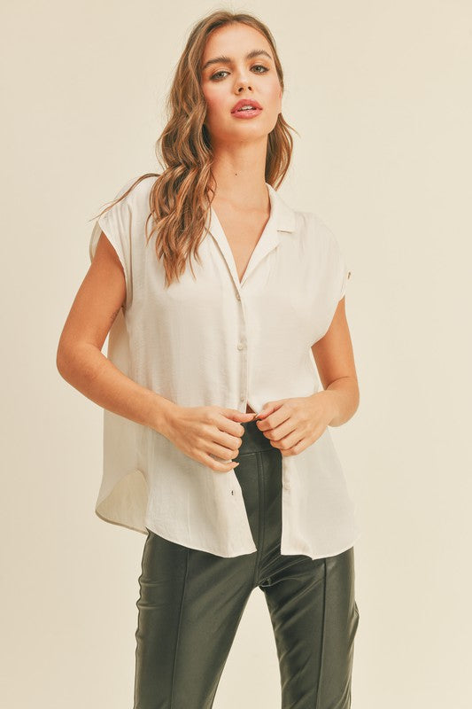 Cream Cap Sleeve Button Top