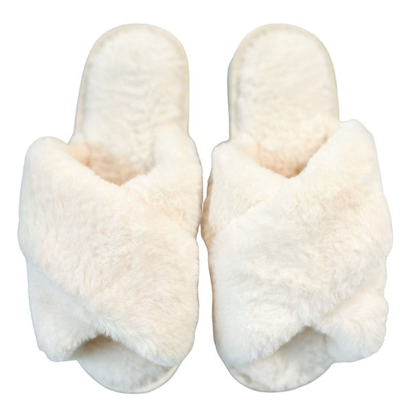 Fluffy Cross Over Slippers (ivory)