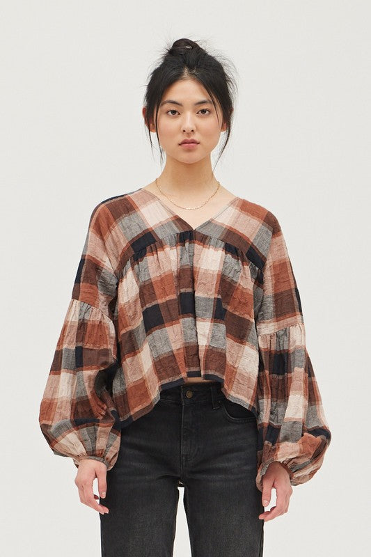 Mocha Plaid Peasant Top