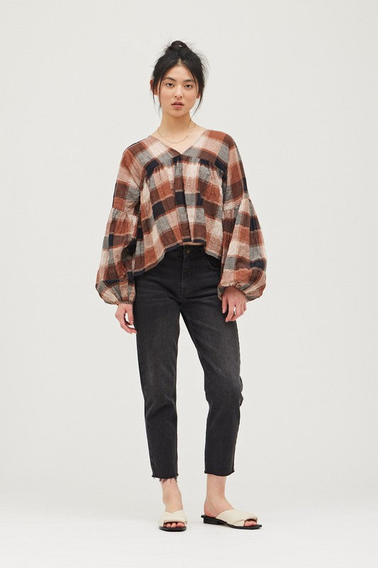 Mocha Plaid Peasant Top
