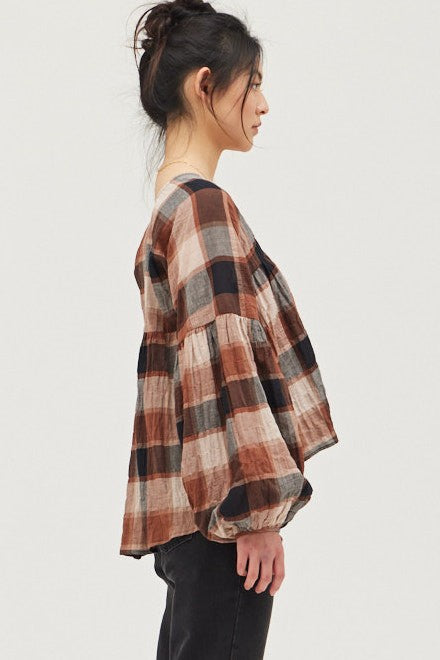 Mocha Plaid Peasant Top