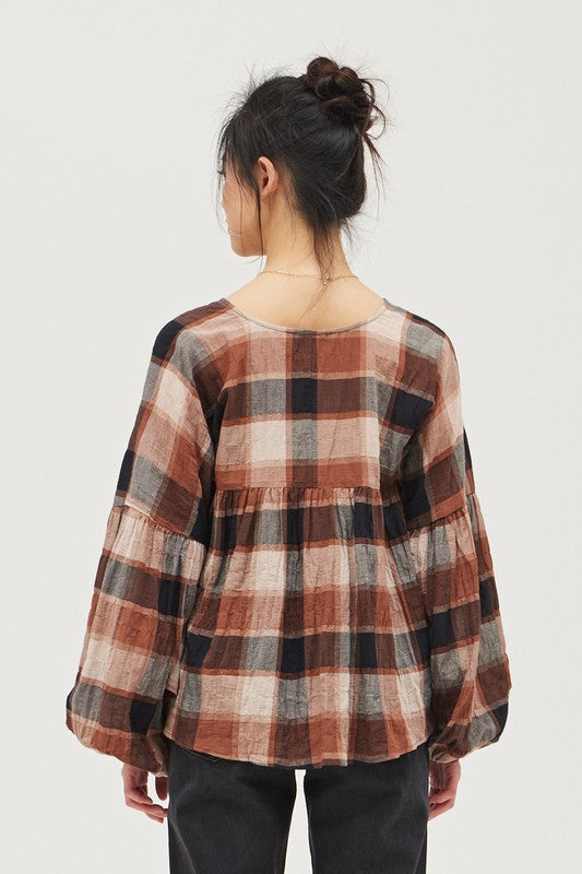Mocha Plaid Peasant Top