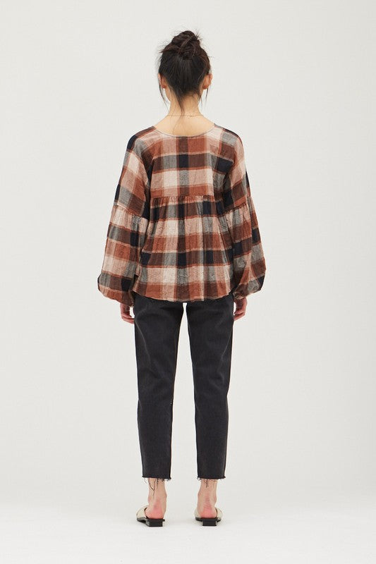 Mocha Plaid Peasant Top