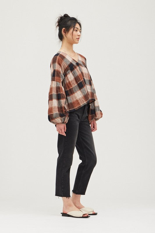 Mocha Plaid Peasant Top
