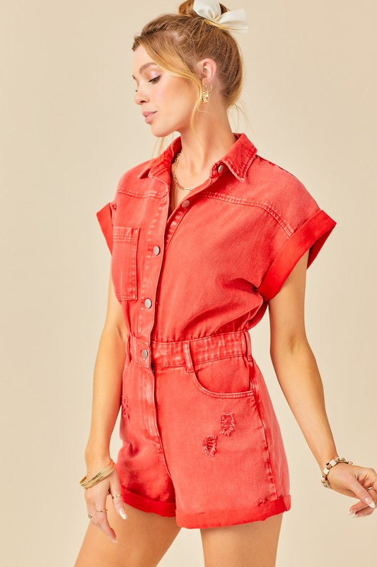 Distressed Denim Romper (red)