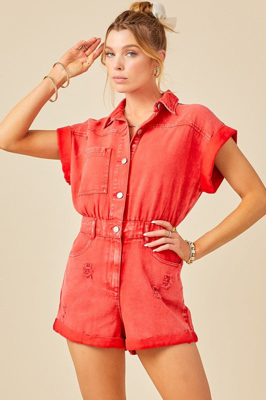 Distressed Denim Romper (red)