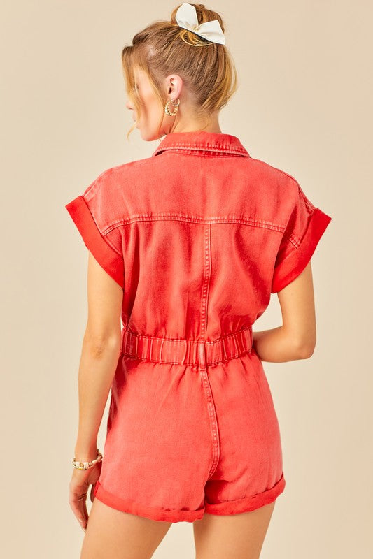 Distressed Denim Romper (red)