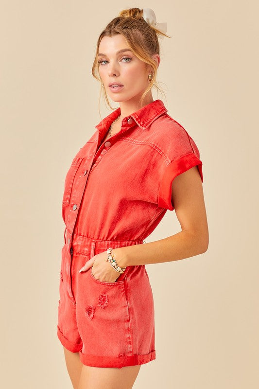 Distressed Denim Romper (red)