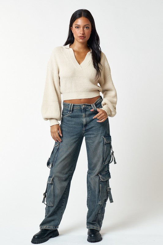 The Annette Collared Cropped Sweater (cream)