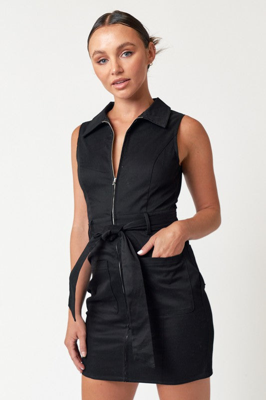 Black Utility Zipper Mini Dress