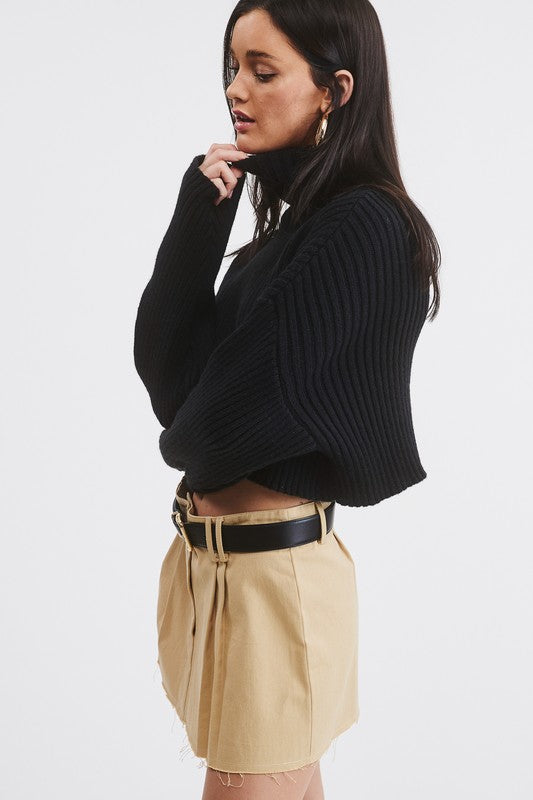 City Crop Rib Knit Turtleneck Top (black)