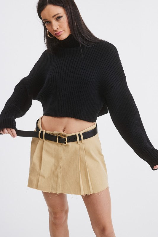 City Crop Rib Knit Turtleneck Top (black)