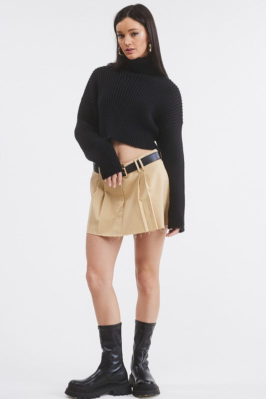 City Crop Rib Knit Turtleneck Top (black)