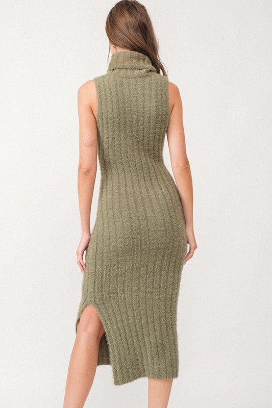 Olive Ribbed Turtleneck Midi Dress