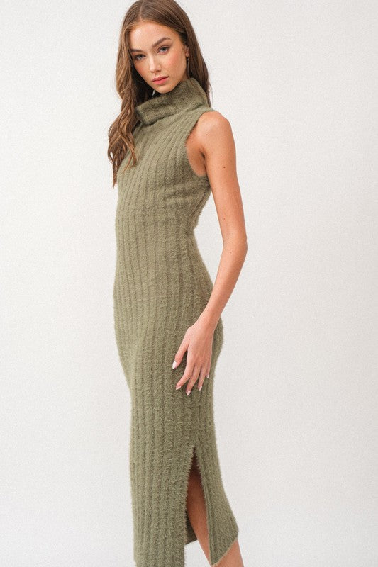 Olive Ribbed Turtleneck Midi Dress