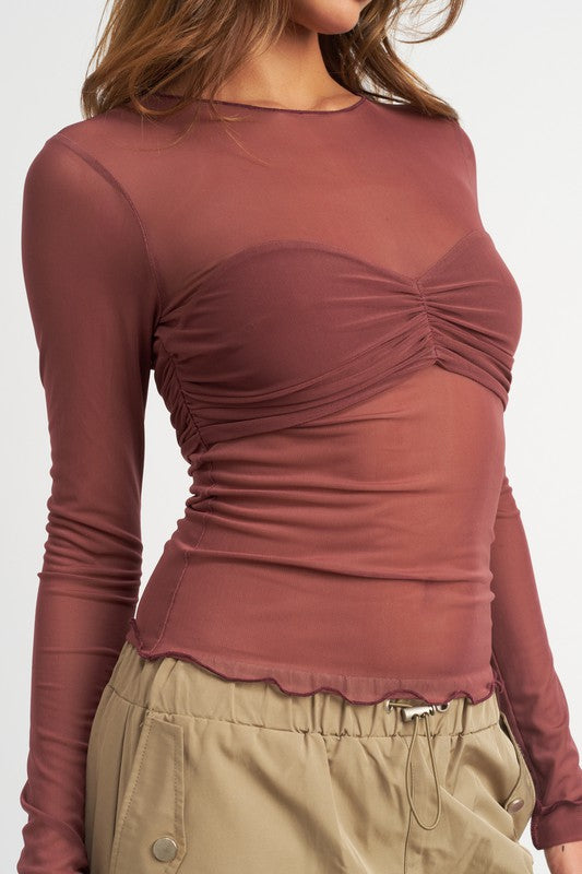 Maroon Mesh Crew Neck Top
