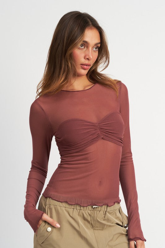 Maroon Mesh Crew Neck Top