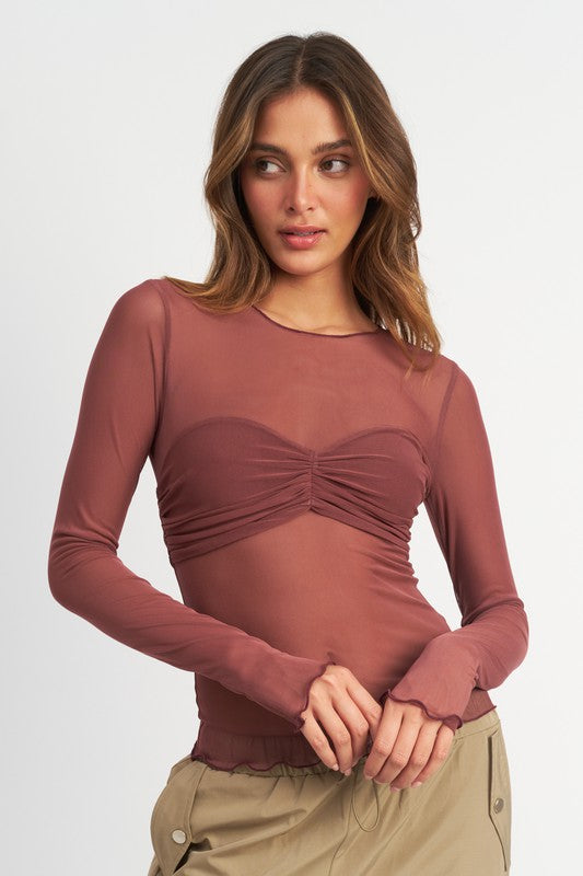 Maroon Mesh Crew Neck Top