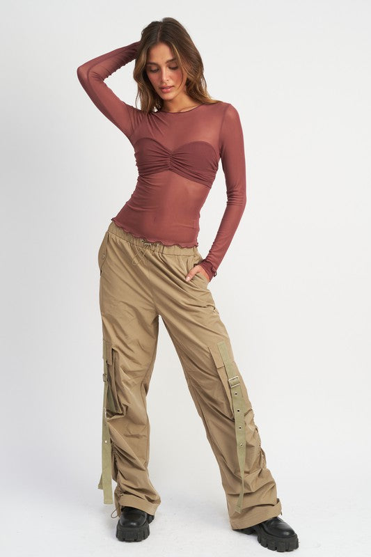 Maroon Mesh Crew Neck Top