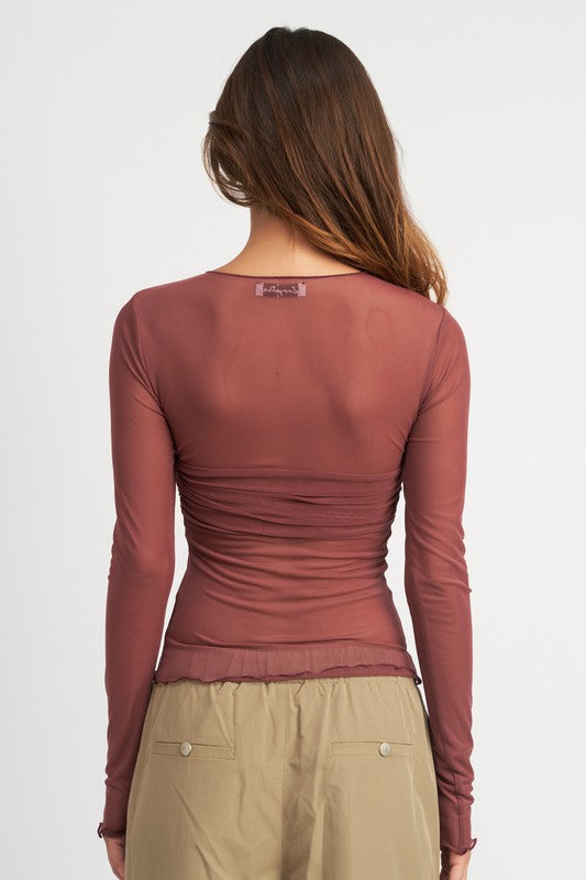 Maroon Mesh Crew Neck Top