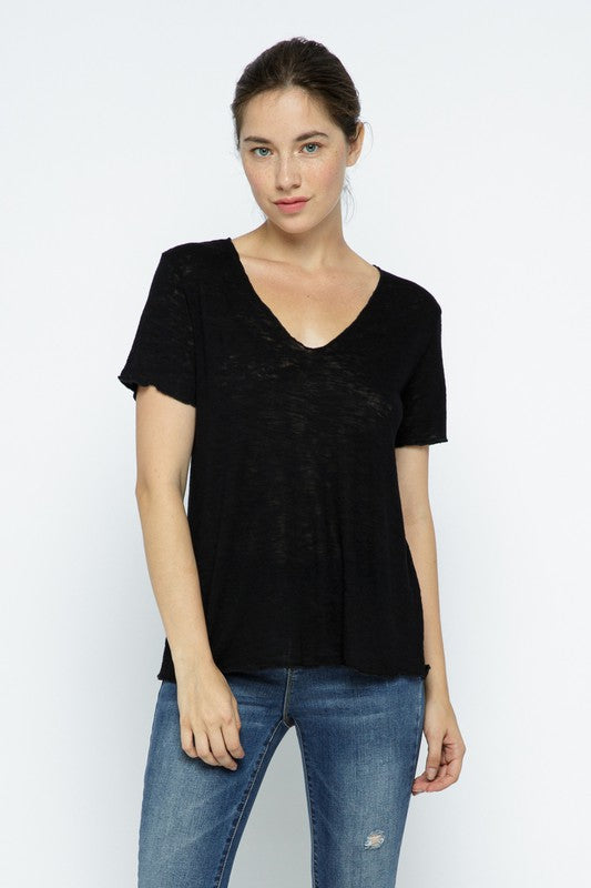 Slub Knit V-Neck Tee (black)