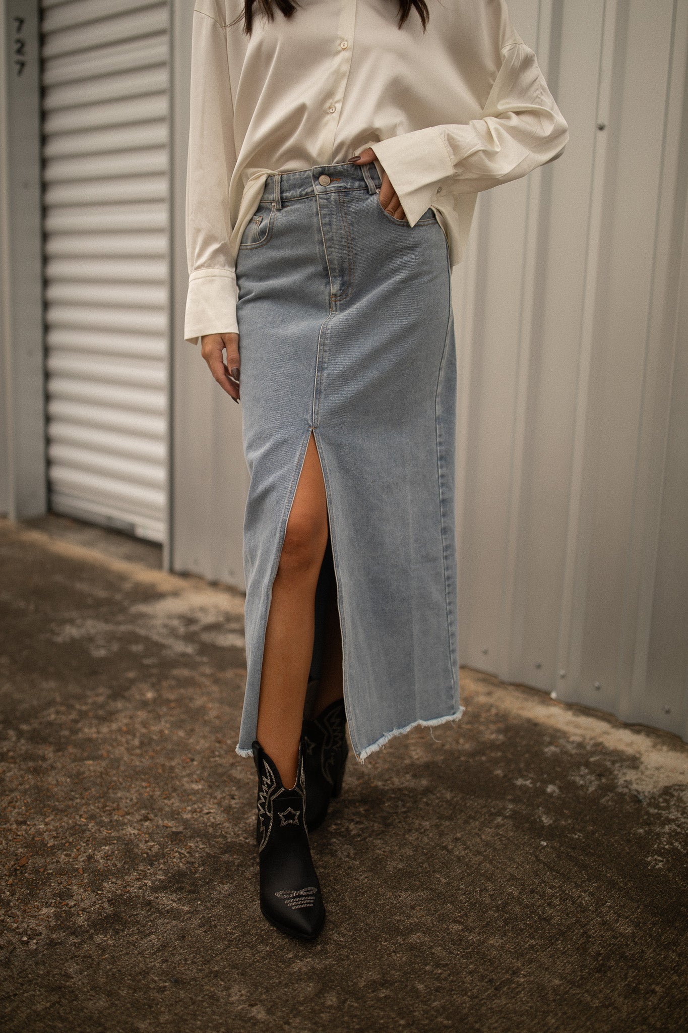 Mendoza Denim Maxi Skirt (medium blue)