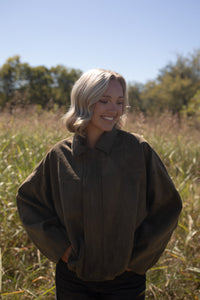 Olive Suede Bomber Jacket