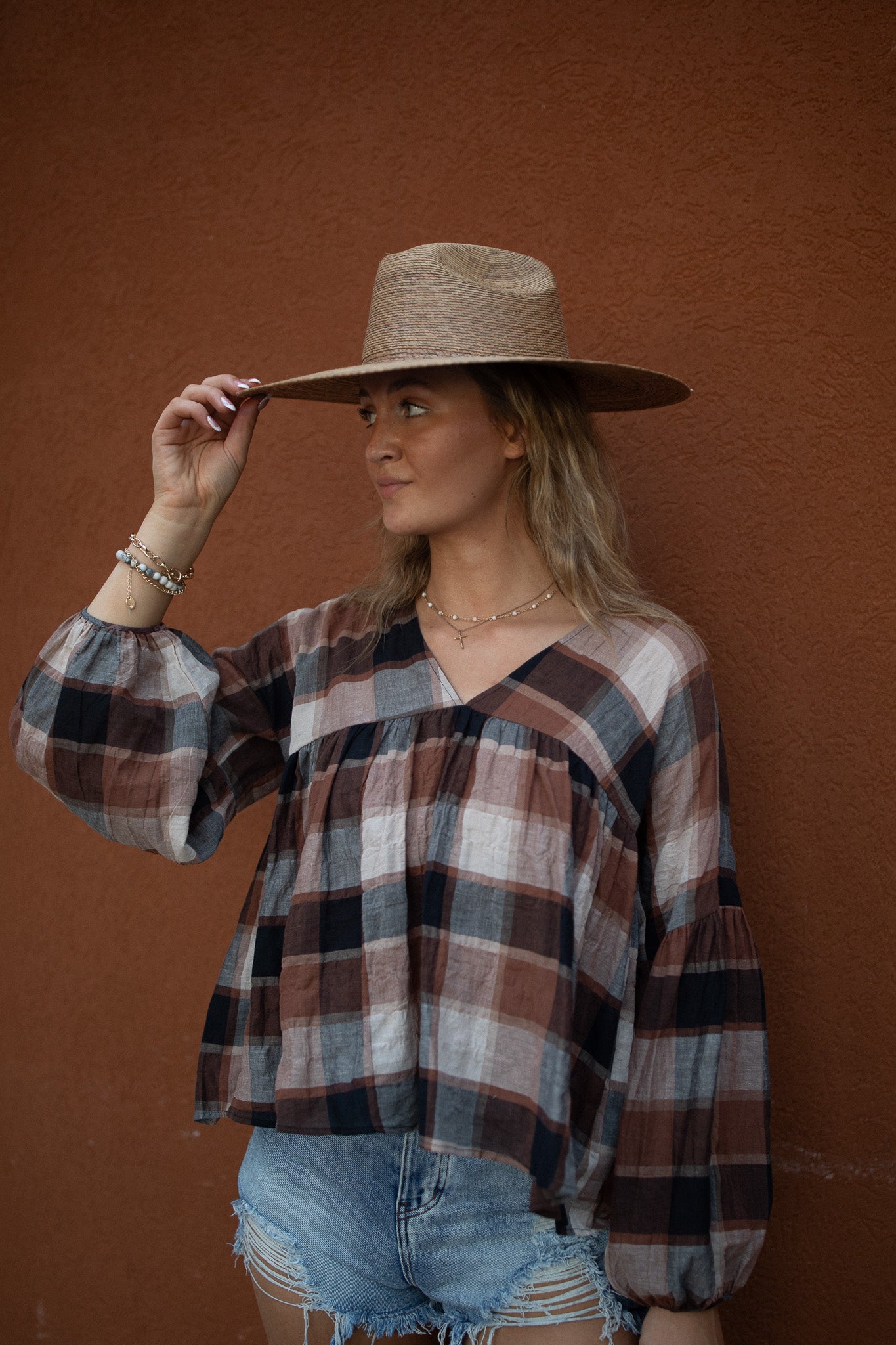 Mocha Plaid Peasant Top