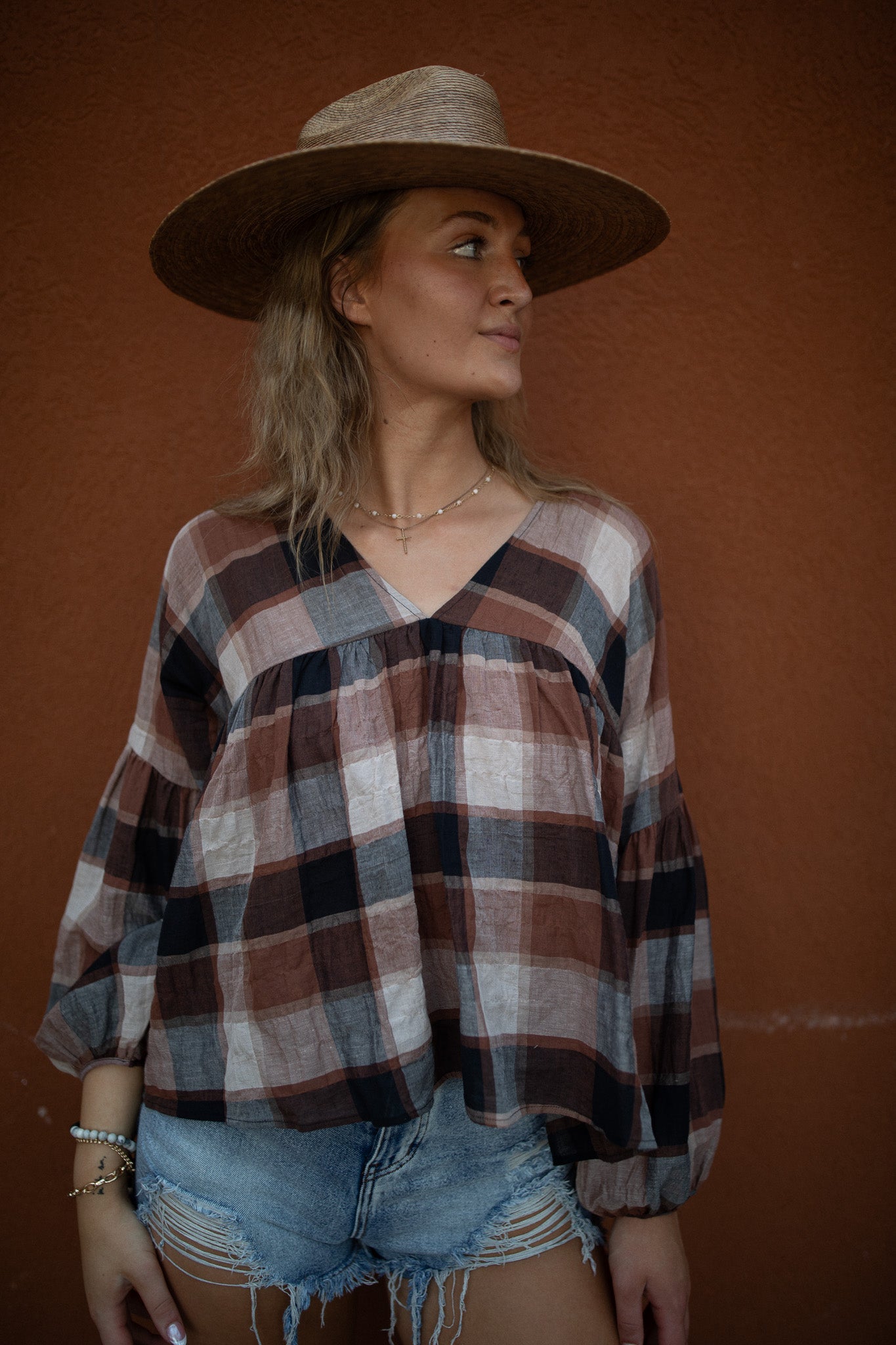 Mocha Plaid Peasant Top