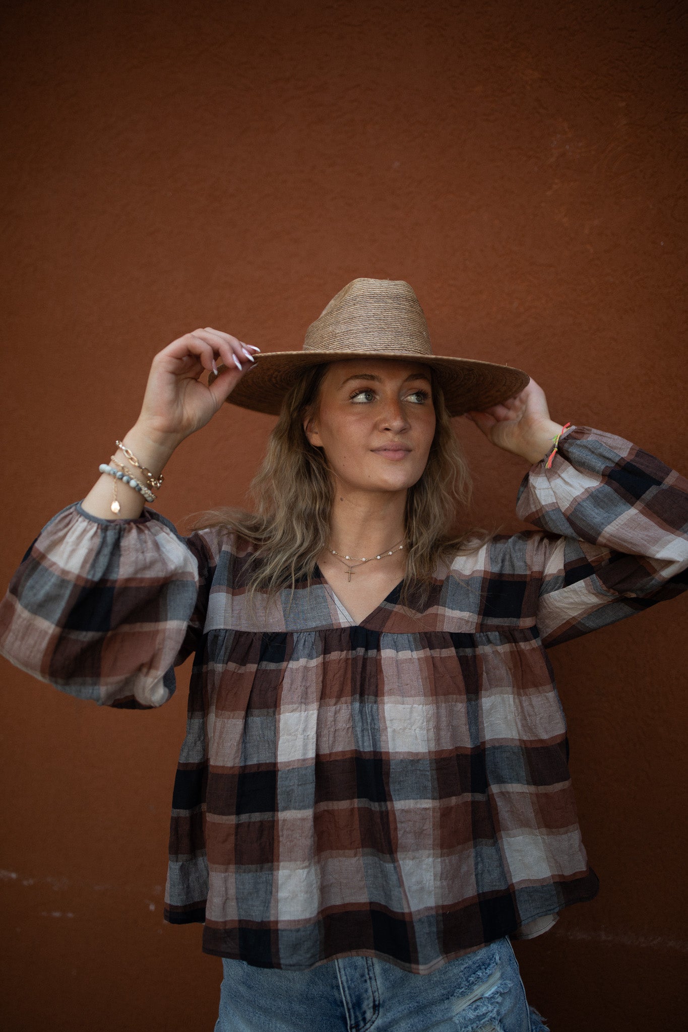 Mocha Plaid Peasant Top