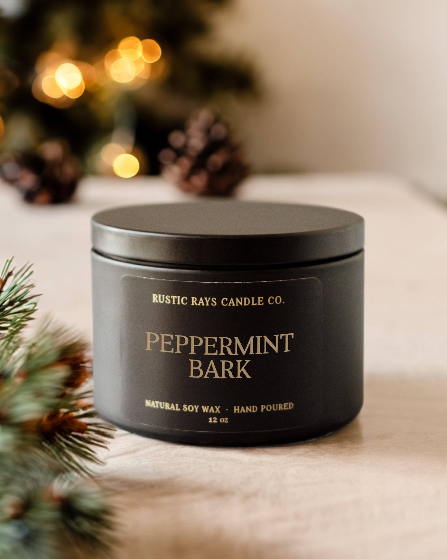 Peppermint Bark Soy Candle - Winter Candle - Black Tin -12oz