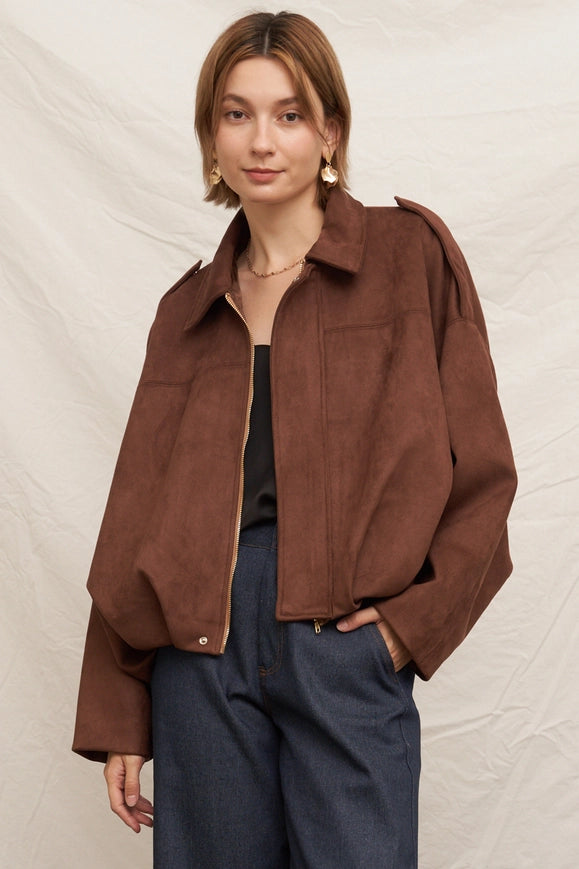 Chocolate Suede Bomber Jacket