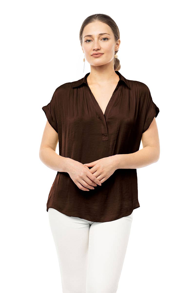 Half Placket Short Sleeve Blouse (chocolate)