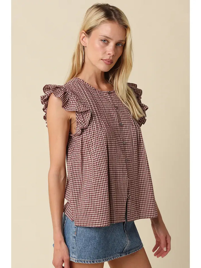 Clara Gingham Ruffle Blouse (maroon) - GEORGE-MARY'S