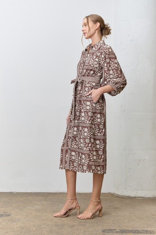 Adeleine Floral Shirt Dress (brown)