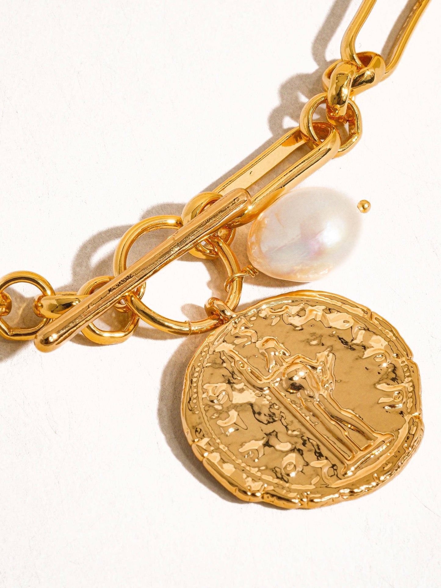 Leah 18k Gold Large Coin and Pearl Chain Necklace