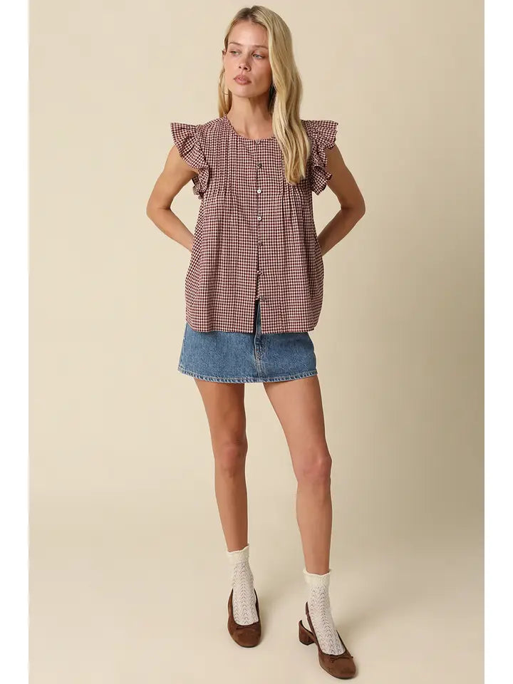 Clara Gingham Ruffle Blouse (maroon)