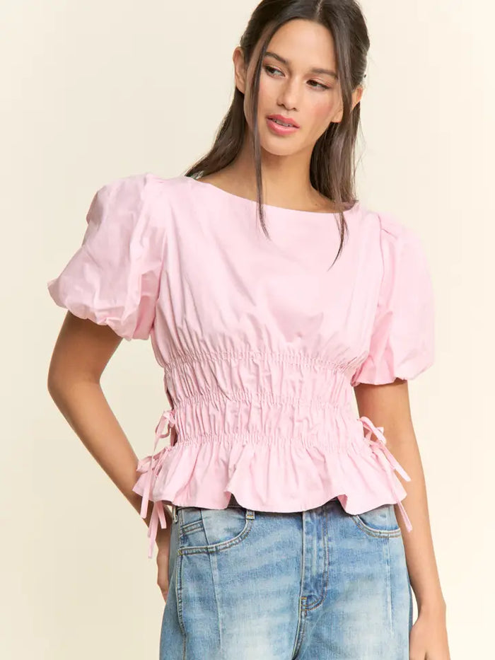 Lola Smocked Puff Sleeve Top (pink) - GEORGE-MARY'S