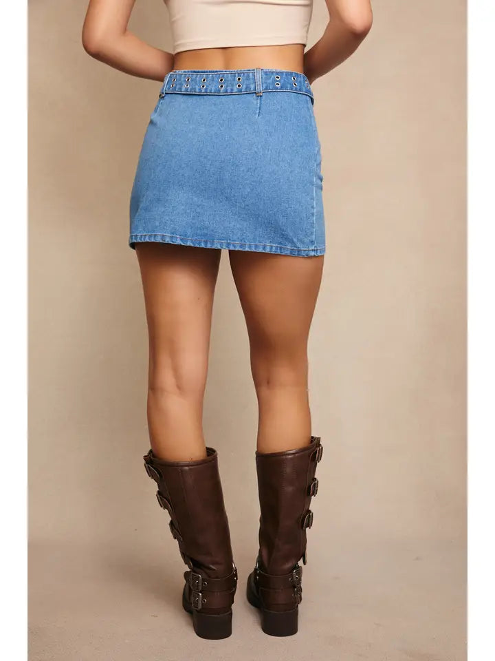Belted Low Rise Denim Skirt
