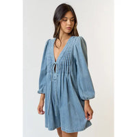 Denim Pleated Romper (lt denim)