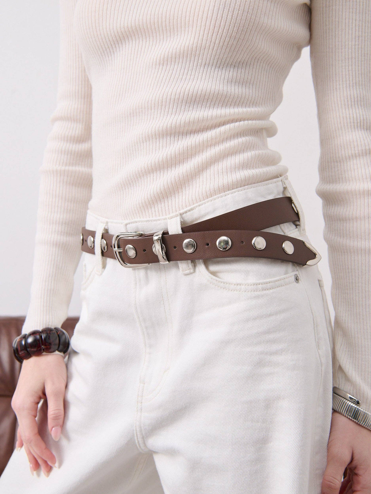 Linda Studded Western Belt in Brown - GEORGE-MARY'S