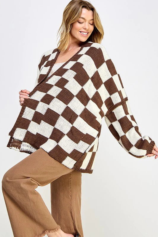 Oversized Checkered Cardigan (dark brown)
