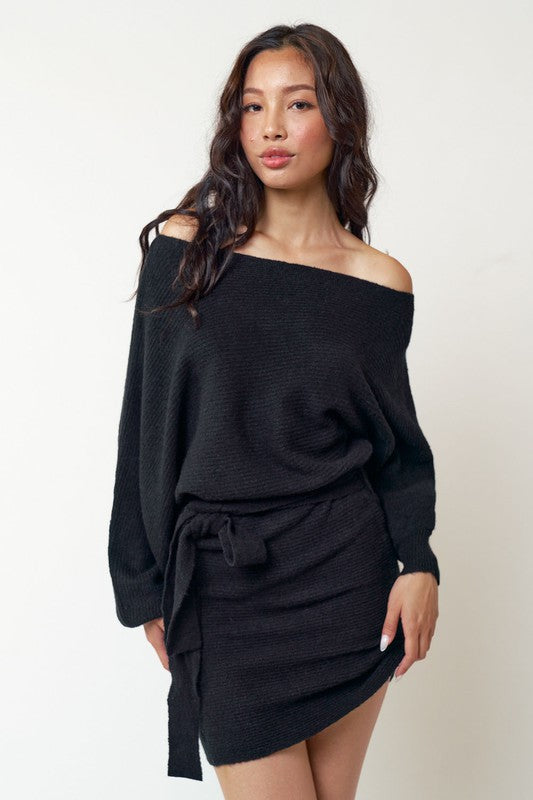 Black One Shoulder Sweater Dress