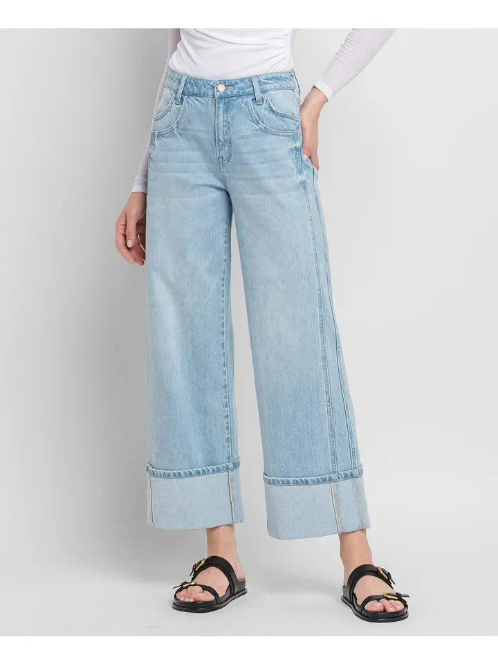 BEST SELLER High Rise Cuffed Baggy Wide Leg Jeans (light)