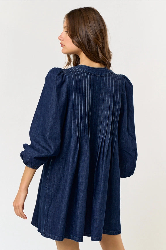 Denim Pleated Romper (dk denim)