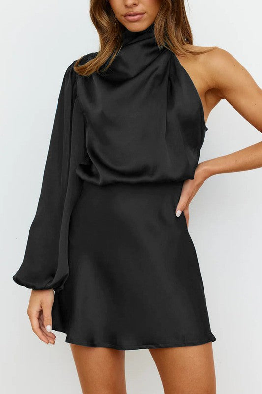 Satin One Shoulder Mini Dress (black)