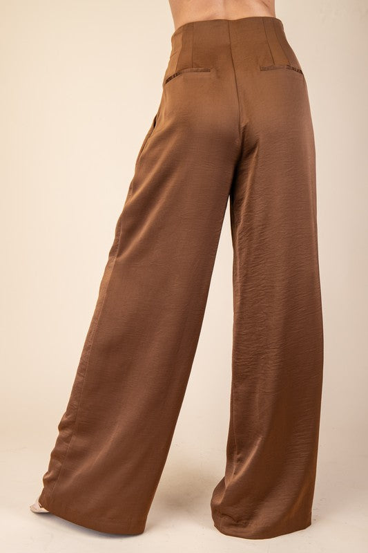 Brown Satin Pleated Trousers