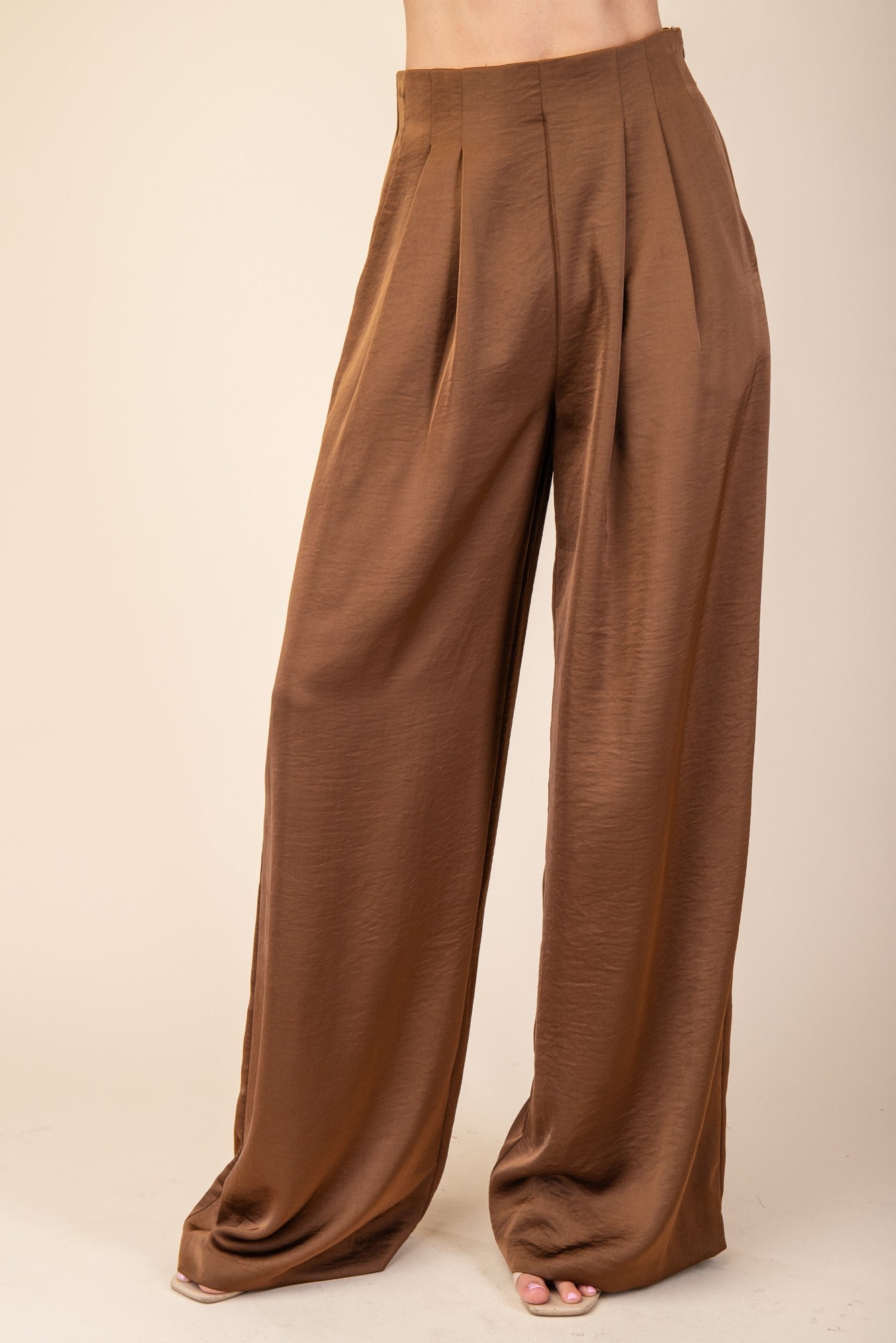 Brown Satin Pleated Trousers