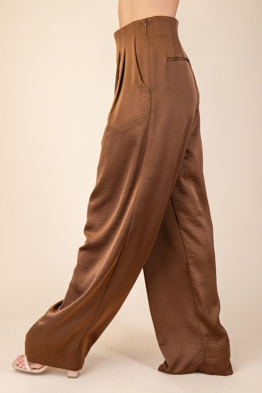 Brown Satin Pleated Trousers